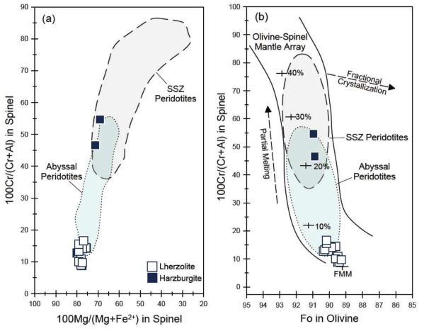 백두산 페리도타이트의 첨정석과 감람석의 성분. SSZ = super-subduction zone