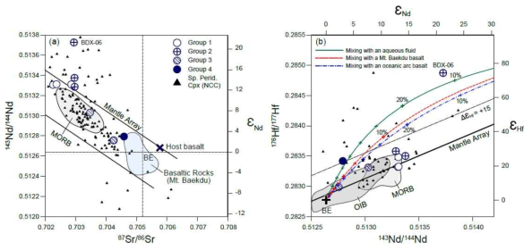 백두산 페리도타이트의 단사휘석에 대한 Sr-Nd (a) 및 Nd-Hf (b) 동위원소 상관도