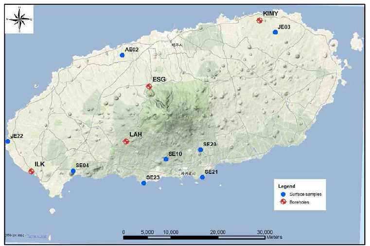 제주도 화산암의 시료위치. KIMY = Gimryeong, ILK = Ilgwa, LAH = Lake Hills, ESG = Eoseungsaeng