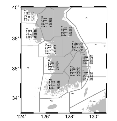 Lee and Yang (2006) 목록의 지진 중 1392년 이후의 지진들의 17구역 구획화에 대한 Gutenberg-Richter Parameter와 Mmax 추정치를 나타 낸 그림. Mmax추정치는 추정 방법의 약자를 사용해서 나타내었다