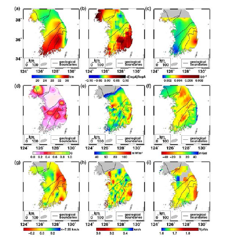 한반도에서 지진 및 물리적 추정치의 지역적 변화: (a) 지각 두께(Hong et al., 2008), (b) 지각 P증폭(Hong and Lee, 2012), (c) 지각 유도(crustally-guided) 전단파 감쇠(Lg Q0-1) (Hong, 2010), (d) 1978-2013년의 규모 2.5 이상의 지진의 발생 밀도 (C) (Houng and Hong, 2013), (e) 표면 열 흐름(Lee et al., 2010), (f) 부 게 중력 이상(Cho et al., 1997), (g) 7.95 km s-1 에 대한 상대적인 모호 P(Pn) 속 도 변화(Hong and Kang, 2009), (h) 6.75 km 깊이에서 전단파 속도(Choi et al., 2009), (i) 상부지각 VP/VS 비(Jo and Hong, 2013).