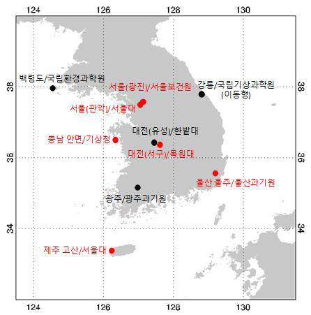 KALION 상시관측소(붉은색)와 집중관측소(검은색)의 분포