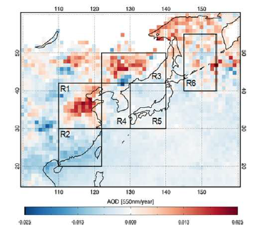 2004년부터 2014년까지 MODIS로 관측된 에어로졸 광학적 두께의 연 변화. (Nam et al., 2018)