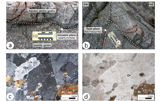 화강편마암의 노두사진 및 박편사진. (a) 흑운모편마암을 관입한 화강편마암. (b) 화강평마암의 관입 이후, 우수향으로 절단됨. (c) XPL 박편사진. (d) PPL 박편사진. Or : Orthoclase, Qtz : Quartz, Bt : Biotite