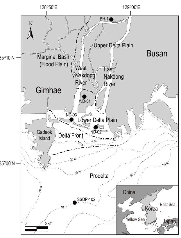 Study area of the Nakdong River delta with the drill core sites (ND-01, ND-02, and ND-03) within the lower delta plain analyzed in this study. The geographic division of the Nakdong River delta is taken from Kwon (1973). Core BH-01 in the upper delta plain was reported by Ryu et al. (2011) and core SSDP-102 in the prodelta was reported by Kong and Park (2007)