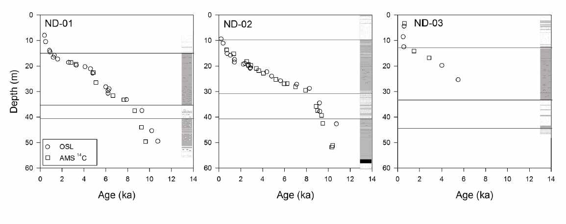 Age-depth plots of the three cores using OSL and AMS 14C dates. ND-01 was reported by Kim et al. (2015), and ND-03 was reported by Jeong et al.(submitted)