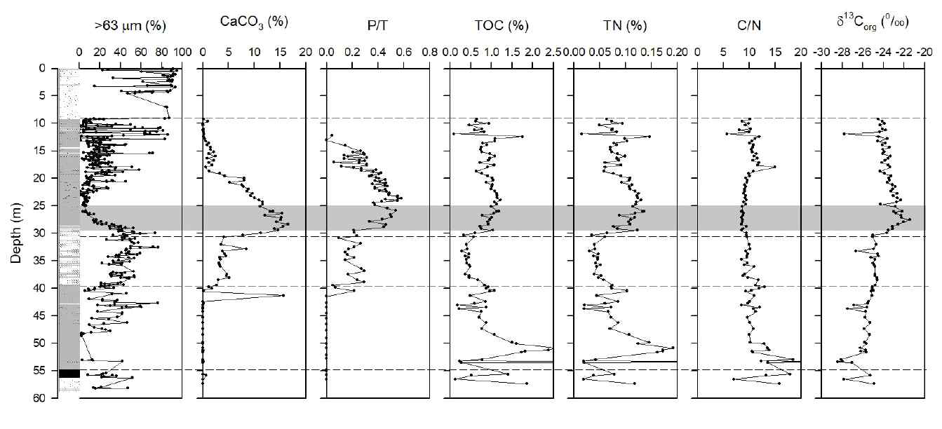 Multi-proxy downcore profiles (>63 μm (%), CaCO3(%), P/T, TOC(%), TN(%), C/N, and δ13Corg(‰)) of ND-02. The grain size data were used by Jeong et al. (submitted). Shading interval represents the maximum influenced of Tsushima Warm Current