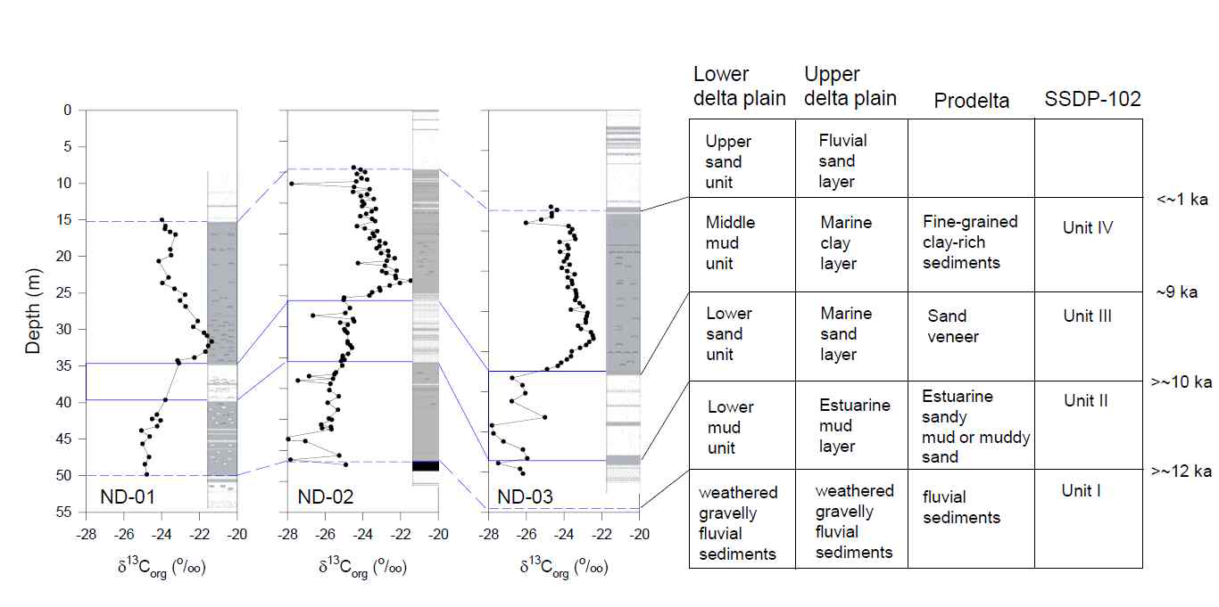 Correlation of the lithologic units based on δ13Corg profile among the three cores (ND-01, ND-02, and ND-03) within the lower delta plain and corresponding lithologic units in the upper delta plain (Yang and Cho, 2011), prodelta (Yoo et al., 2014), and core SSDP-102 (Kong and Park, 2007)