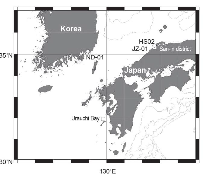 Location of cores ND-01 and HS02 along with the published core JZ-01 (Takata and Takayasu, 2004) and modern benthic foraminifera in Urauchi Bay (Takata et al., 2006a)