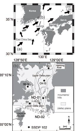 Location of core ND-02 and the published cores, ND-01(Takata et al., 2016), BH-1(Ryu et al., 2011), SB-14(Ryu et al., 2005), SSDP 102(Kong and Park, 2007; Yoo et al., 2014), CB-15, ES and SH(Ryu, 2003), and GH87-2-308(Takata et al., 2006a). Map of the Nakdong River delta was modified from Cho et al. (2017). Arrows represent the Tsushima Warm Current