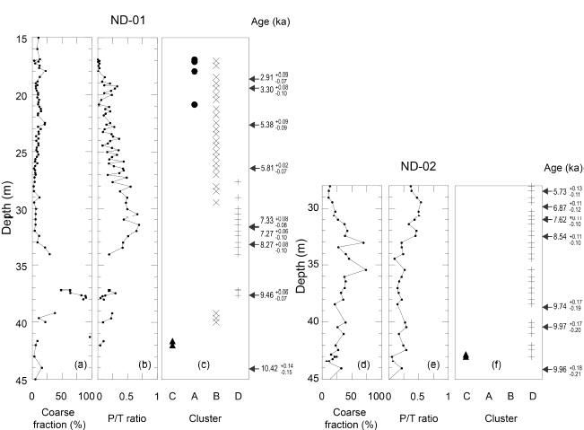 Stratigraphic changes in (a) coarse fraction (%), (b) planktonic foraminifera to total (benthic and planktonic) foraminifera ratio (P/T ratio) and (c) stratigraphic distribution of four clusters (A, B, C, and D) in core ND-01, and stratigraphic changes in (d) coarse fraction (%), (e) P/T ratio, and (d) stratigraphic distribution of the four clusters in core ND-02