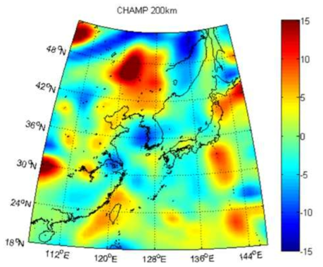 CHAMP total magnetic anomaly map estimated from the spherical harmonic model called MF7 at the altitude of 200 km. The unit is nT