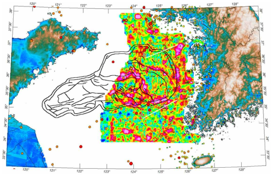 중력 analytic signal결과와 군산분지 분포, 지진자료