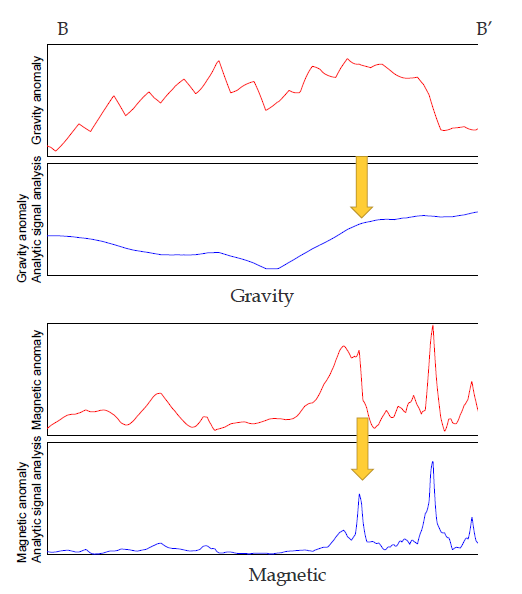 B-B′구간에서 중·자력 이상 단면과 중·자력 이상 analytic signal 분석 단면(황색화살표: 지진발생위치)