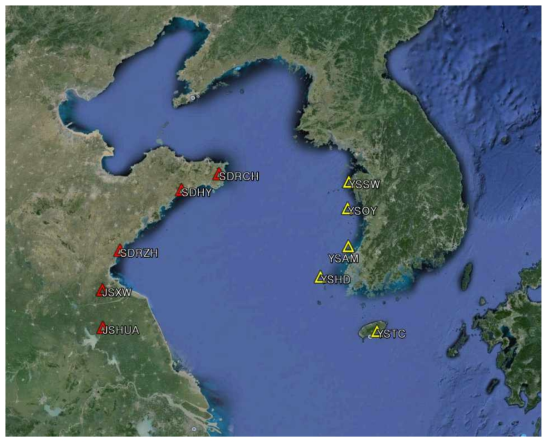 서해 주변 한국과 중국에 설치된 10개 임시 지진관측망