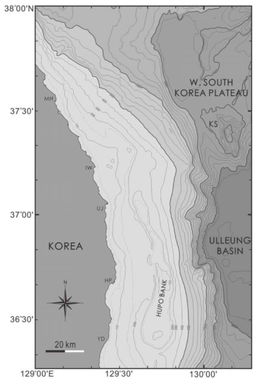 동해 대륙주변부의 해저지형(국립해양조사원 해저지형도 수정)