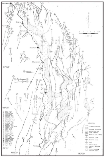 김종수(1982)의 동해대륙주변부 지역의 지질구조 분포도