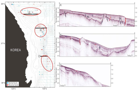 해저표층에 나타나는 최근 단층의 분포와 관련 탄성파탐사 단면