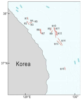 지진DB분석을 통해 제시된 동해 주요 단층대