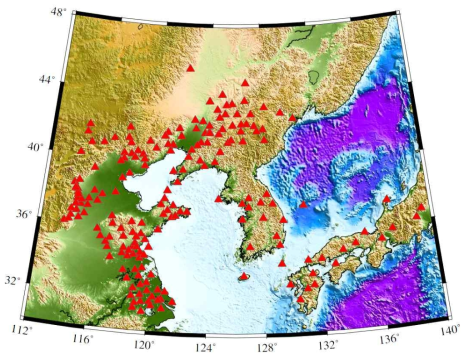 본 연구에 사용된 지진관측소 위치