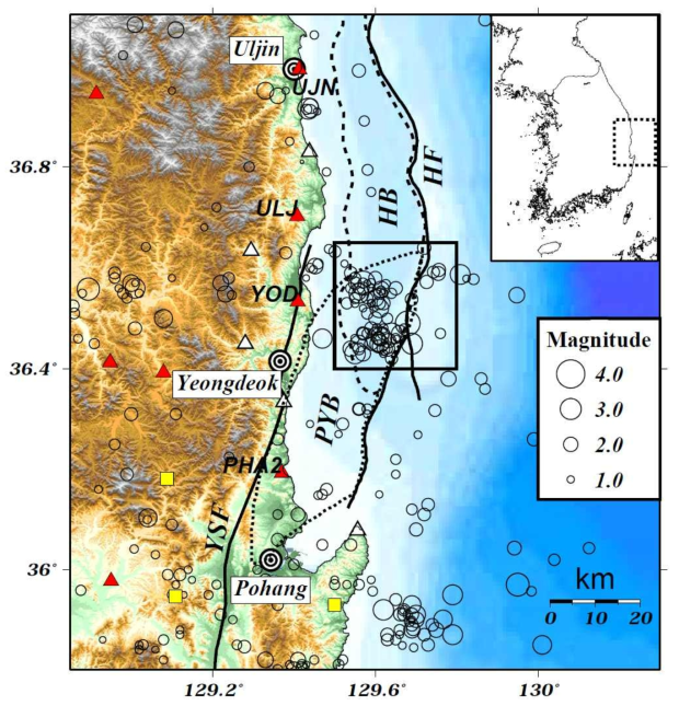 기상청 지진 목록을 바탕으로 한 해역지진의 분포를 연구 대상 지역에 도시화한 그림