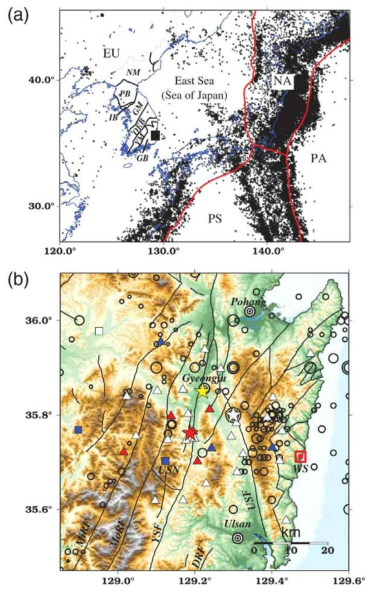 한반도 주변의 지체구조 및 연구지역의 지진활동 분포 (a) Kim et al.(2018)에서 제시한 한반도 주변의 주요 판의 경계(붉은 선)와 1973 ~ 2006년 사이의 규모 4.0 이상 지진의 진앙. (b) Kim et al.(2018)에서 제시한 경주 지역 임시 지진관측소 분포 및 경주지진 이전의 지진활동. 파란색 도형은 기상청 및 지질자원 연구원의 지진관측소, 기타 도형은 임시 지진관측소의 위치를 나타냄. 빨간색 별은 경주 지진의 진앙, 노란색 별과 하얀색 별은 과거 역사 지진의 위치를 나타냄. 빨간 사각형은 월성 원전을 나타냄. 검은 선들은 각각 단층을 의미한다: USF, 울산단층; DRF, 동래단층; YSF. 양산단층; MoRF, 모량단층; MiRF, 밀양단층