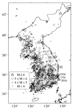 A.D. 2 ~ 1904의 한반도 지진 활동도(Kim et al., 2018)