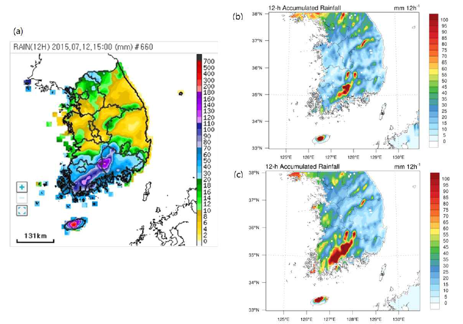 (a) cumulative precipitation for 12 hours (AWS observation). (b) cumulative precipitation for 12 hours (WRF-3DVAR). (c) cumulative precipitation for 12 hours (WRF-EnKF)