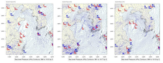 배경장별 예측정확도 판별을 위한 SLP(Sea Level Pressure) 공간장 분석결과; UM, GFS, FNL(좌측부터 순서대로)