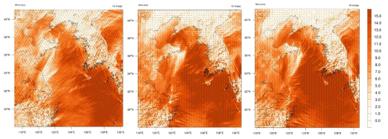 배경장별 예측정확도 판별을 위한 Surface wind(10m) 공간장 분석결과; UM, GFS, FNL(좌측부터 순서대로)