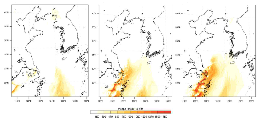 배경장별 예측정확도 판별을 위한 CAPE의 수평공간장 분석결과; UM, GFS, FNL(좌측부터 순서대로)