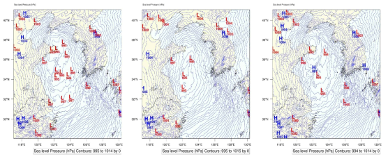 PBL scheme별 예측정확도 판별을 위한 SLP(Sea Level Pressure) 공간장 분석결과; YSU, MRF, MYJ(좌측부터 순서대로)