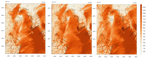 PBL scheme별 예측정확도 판별을 위한 Surface wind(10m) 공간장 분석결과; YSU, MRF, MYJ(좌측부터 순서대로)