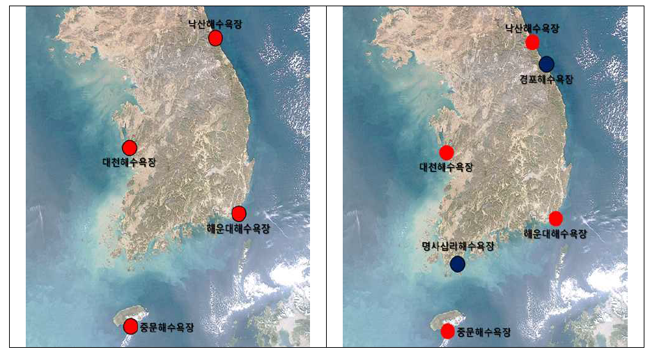 이안류 발생 예측시스템의 적용 해수욕장: 1, 2차년도 운영 해수욕장(좌) 및 3차년도 확대 운영할 해수욕장(우)