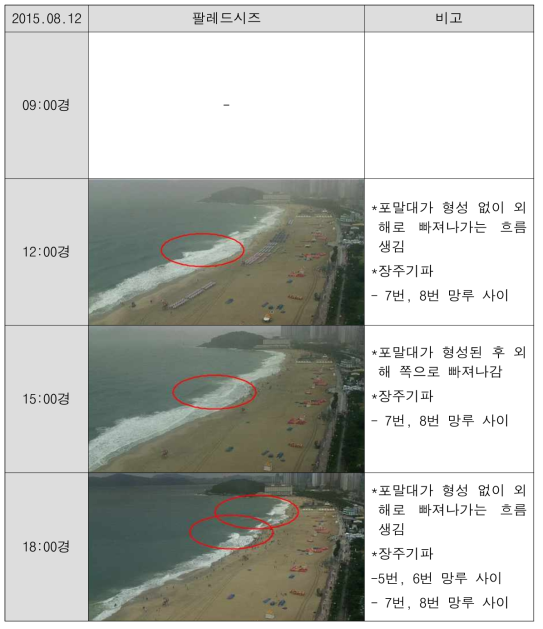 실제 이안류 발생 현황 보고서 작성(CCTV 분석 및 현장); 해운대 해수욕장 (2015.08.12)