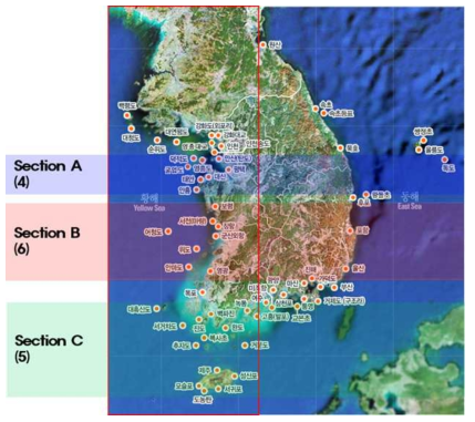 서·남해 조위관측소 Section 구분; Section A, Section B, Section C