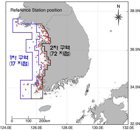 서·남해 AWS 구역 구분; (1차 구역: 최외측 17지점, 2차 구역: 연안 72지점)