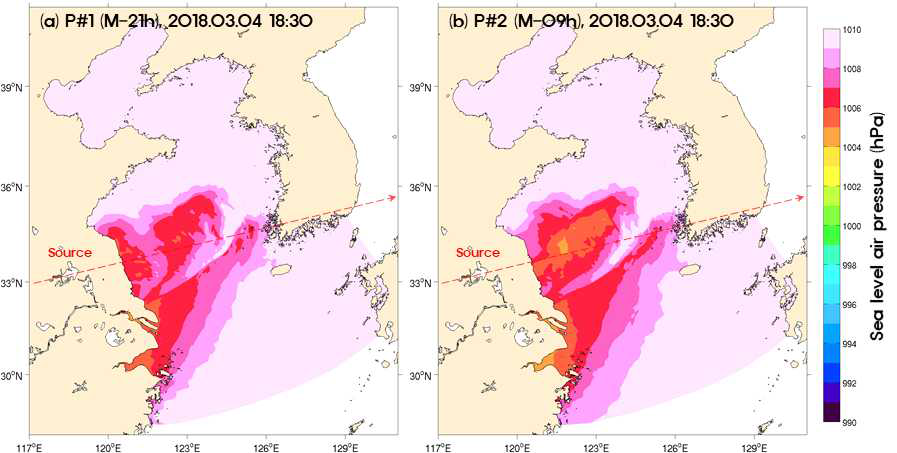 LDAPS 예측시간별 해면기압 예측 contour(2018년 3월 4일 18시 30분) (a) 2018년 3월 3일 21시 예측, (b) 2018년 3월 4일 9시 예측