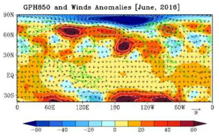 2016년 6월의 850hPa 지위고도와 바람의 편차