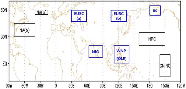 Areas for the selected predictors. Black boxes represent areas of the three predictors selected by Lee and Seo (2013). Blue boxes represent areas of the additional four predictors selected in this study