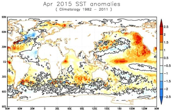 SSTAs (shading, intervals of 0.3 K) during spring time in 2015