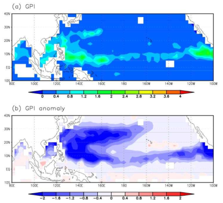 (a) Mean field of Genesis potential index (intervals of 0.4) and (b) GPI anomalies during Changma period(6/18 – 7/30) in 2016