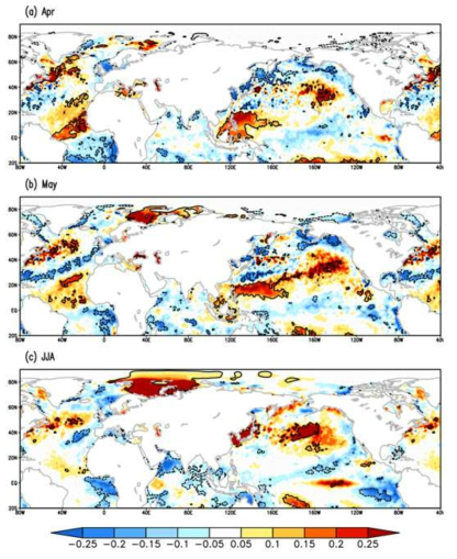 Regressed SSTAs against the TX90p (shading, K) in (a) April, (b) May, and (C) JJA for the period from 1995 to 2014. Contours represent statistically significant areas satisfying the 90% confidence level through a Student′s t test