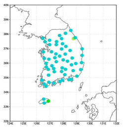 이용된 일최고기온에 대한 한반도 관측소의 공간적 분포와 세 매개변수의 클러스터