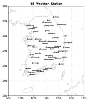 본 연구에서 이용한 45개 관측소들의 위치