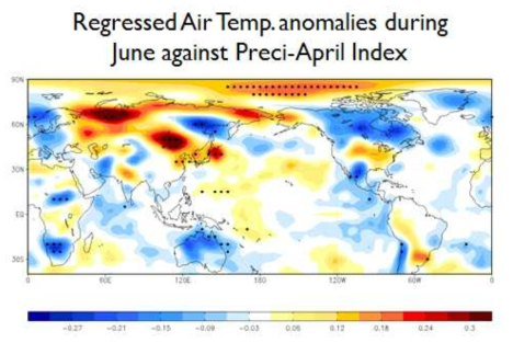 4월 강수량 지수를 이용하여 계산한 6월 기온에 회귀 패턴