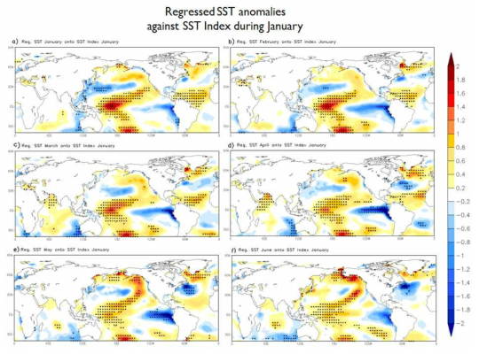1월 SST 지수를 이용한 1월부터 6월까지(a~f)의 SST 회귀 패턴