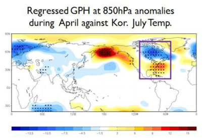 한반도 7월 기온과 4월 850hPa 지위고도 간의 회귀 패턴