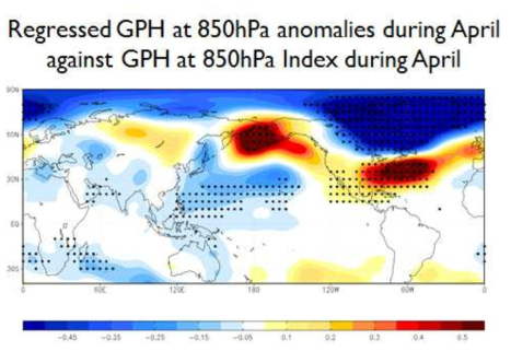 4월 850hPa 지위고도 지수와 4월 850hPa 지위고도 간의 회귀 패턴