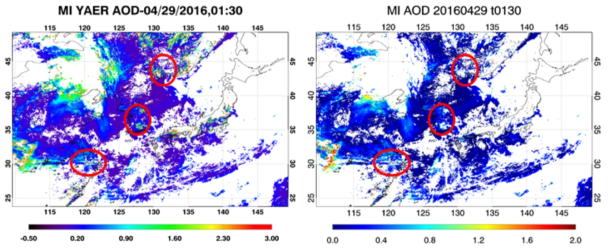 MI 에어로솔 산출 예시; 개선 전 (왼쪽)과 개선 후 (오른쪽)